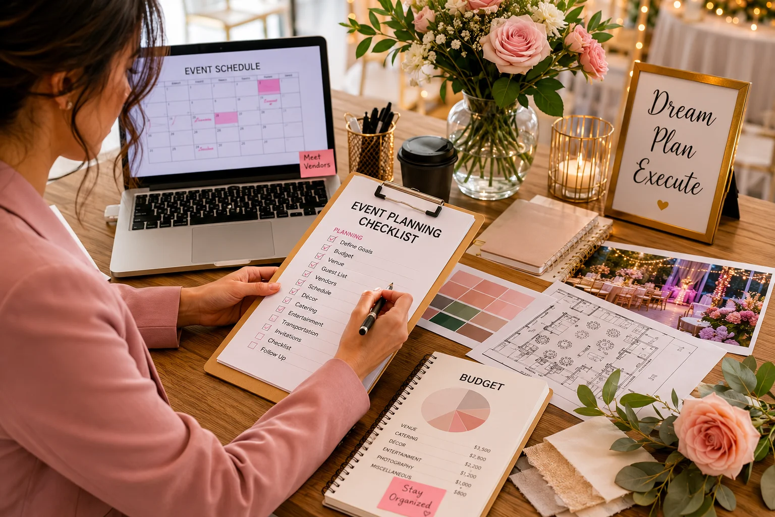 Event planner organizing checklist, budget, and decoration ideas for a successful celebration.