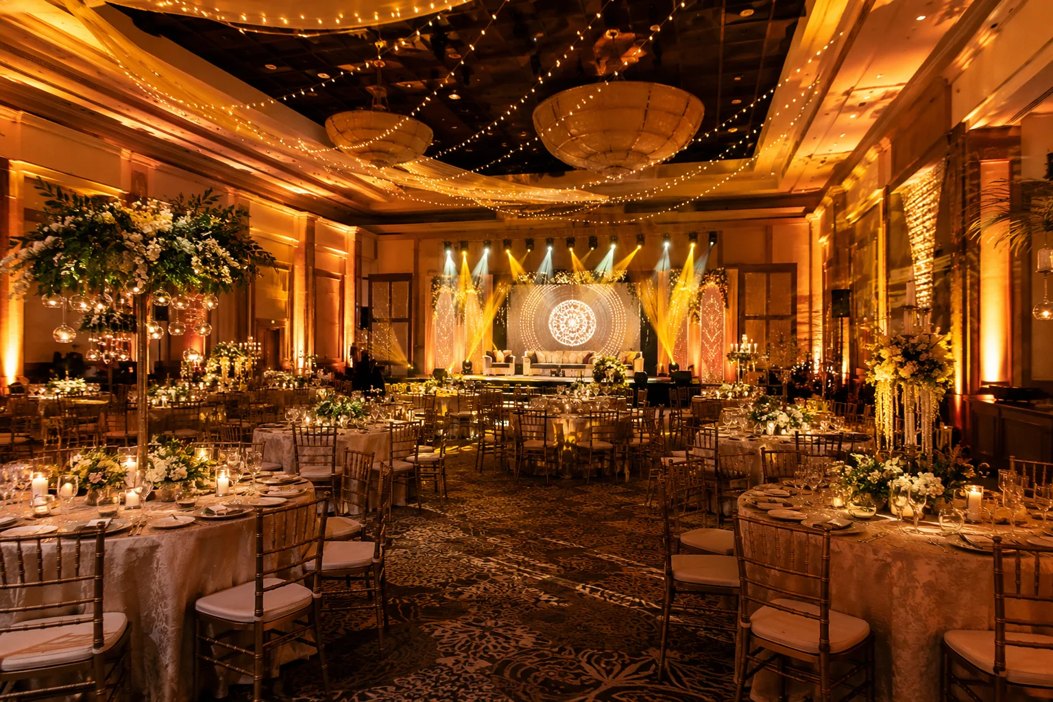 Professional event lighting transforming an indoor venue with warm uplighting, fairy lights, and a spotlighted stage.
