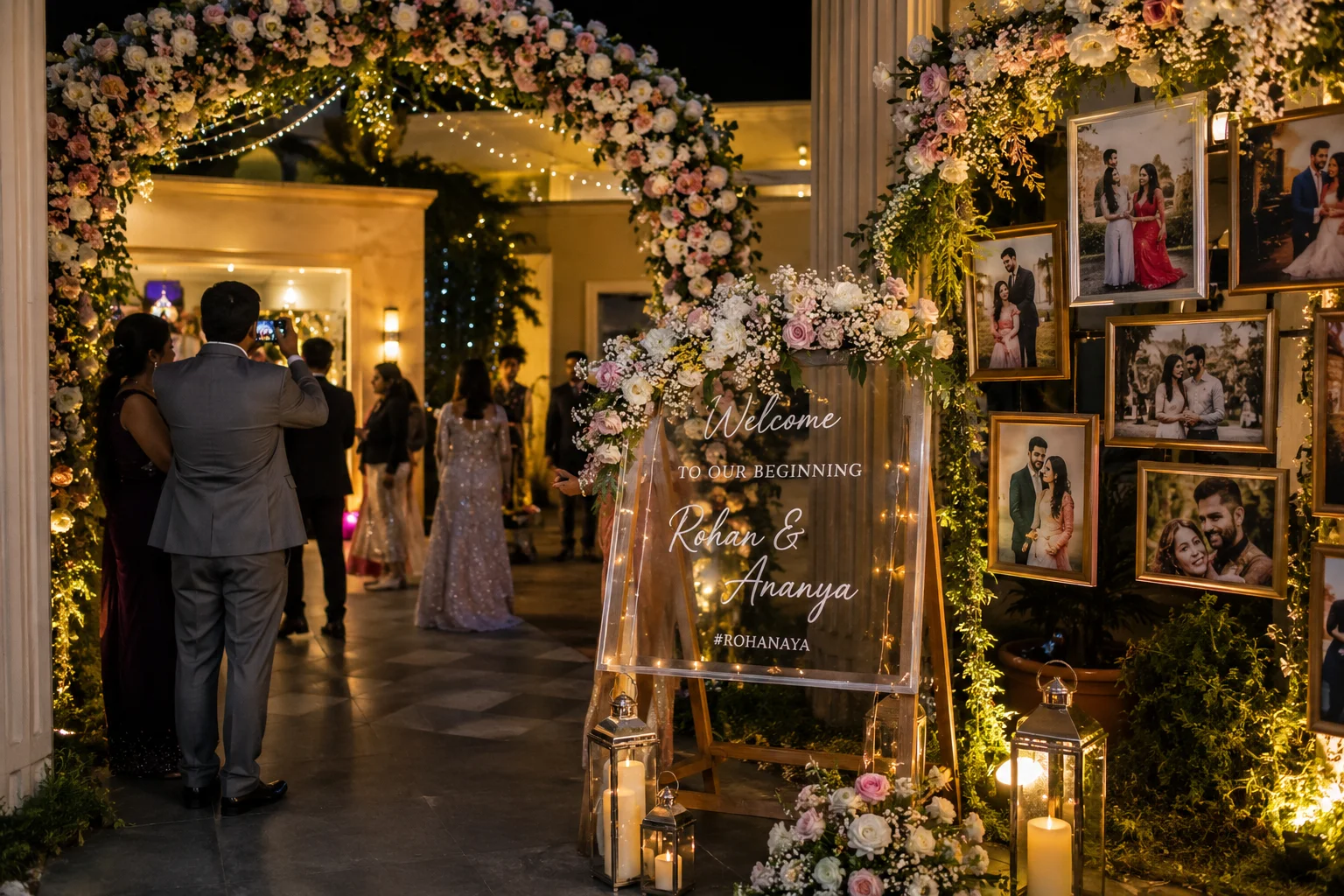 Personalized welcome area with floral décor, custom signage, and photo displays enhancing guest experience at an event.