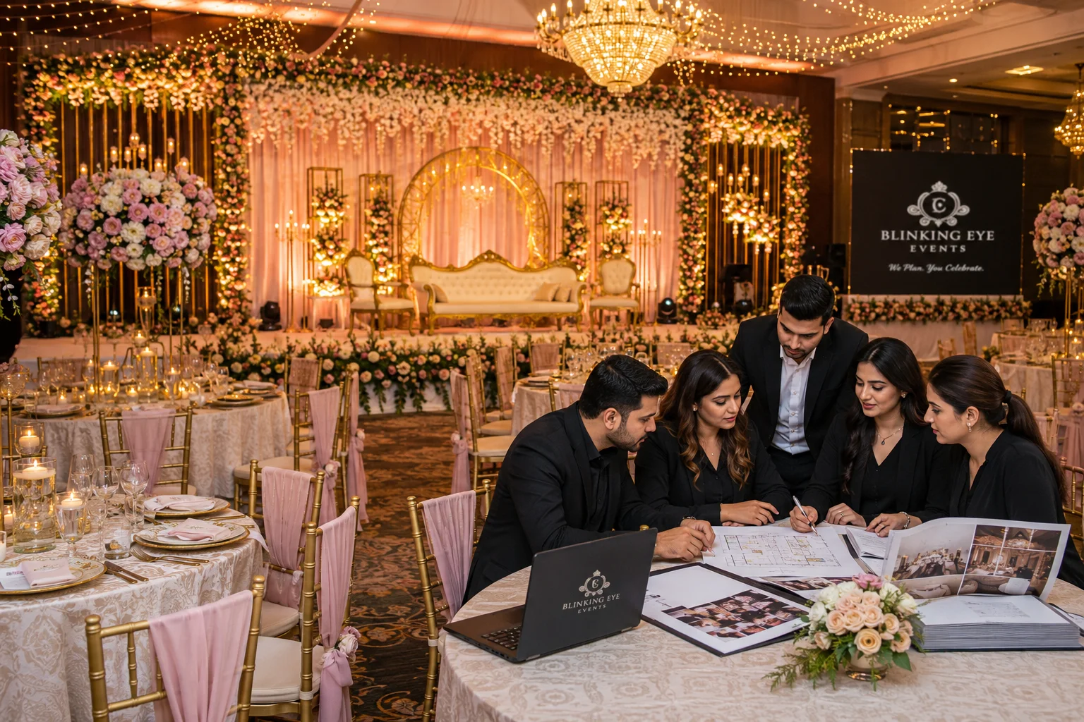 Professional team managing event planning and decoration with coordinated décor and elegant venue setup.