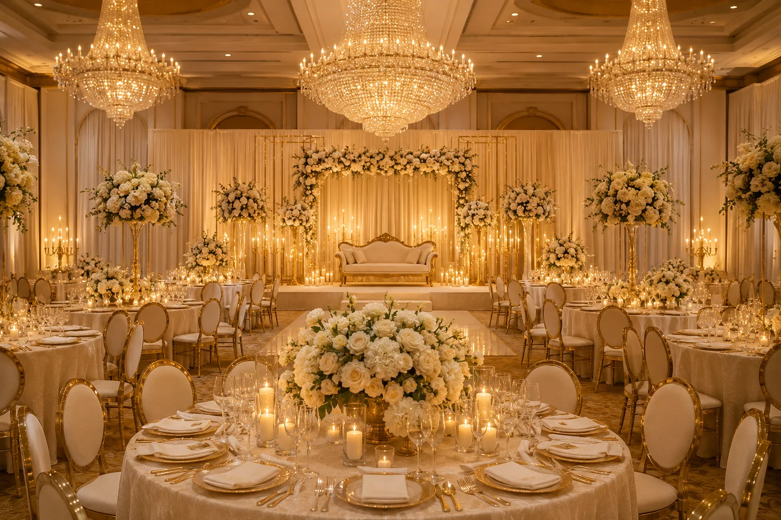 Luxury event setup demonstrating theme consistency in event design with coordinated décor, lighting, and floral arrangements